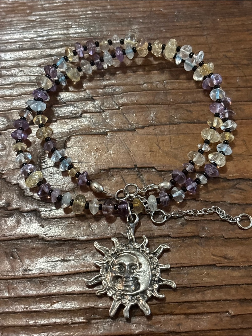Sun Charm Beaded Necklace - Purple, Yellow & Clear Stone Beads